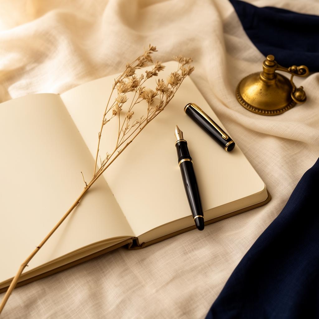 An open notebook and fountain pen resting on warm cream linen in soft morning light.